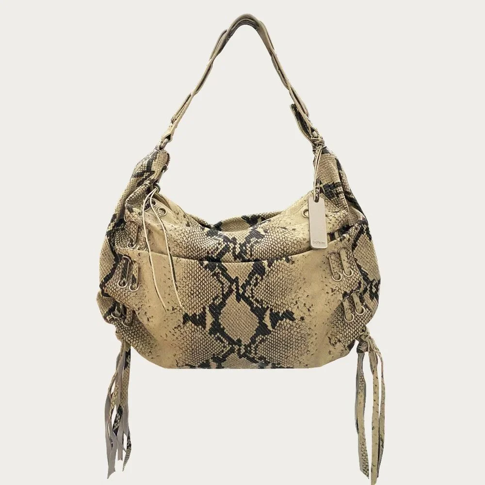 Botkier Python Embossed Leather Hobo Bag Ecru Black Silver Grommet Tassel